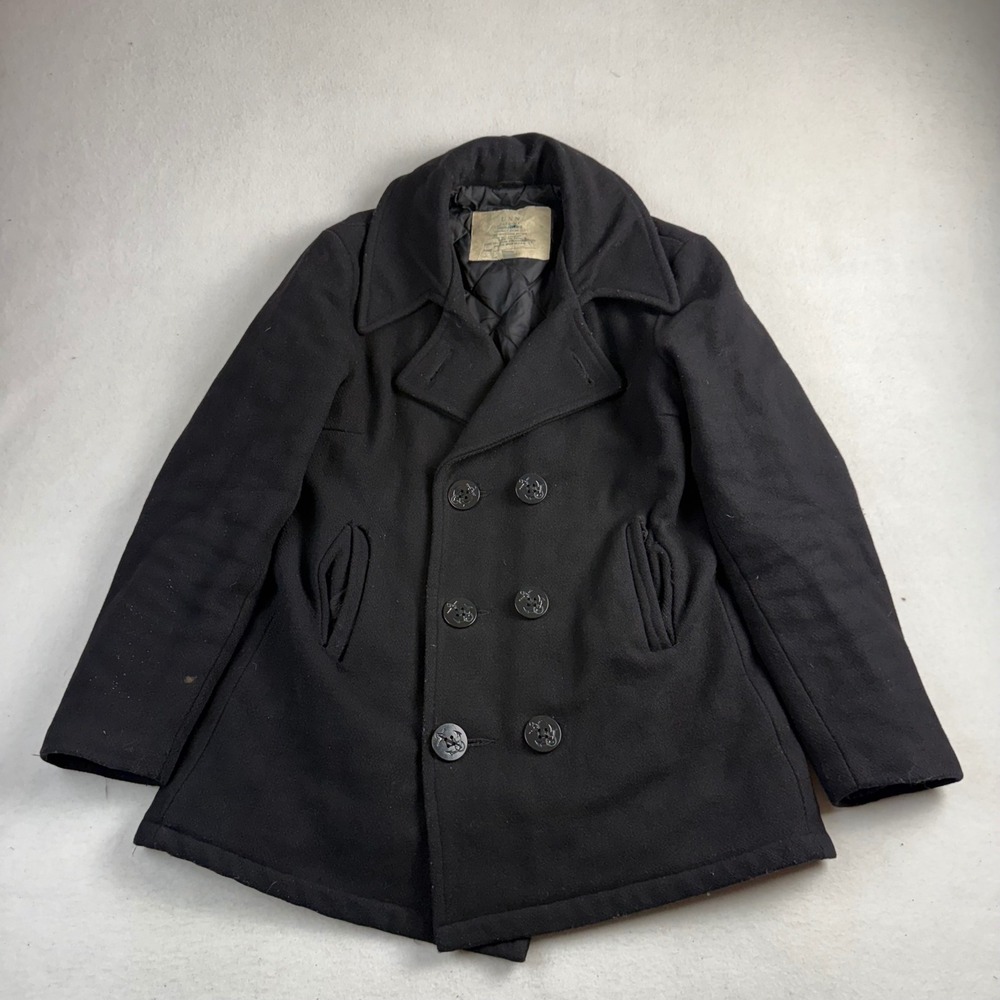 USN Woolrich Navy Pea Coat Black Wool Double Breasted Anchor Button Size M